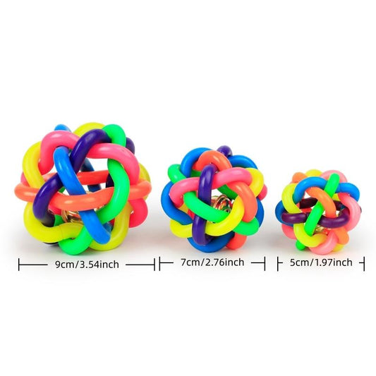Colorful Bell Pet Ball Set of 3, Durable PVC Woven Chew Toy, Interactive Dog Teeth Cleaning & Stress Relief Playmate