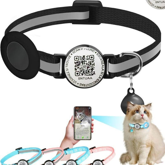 Air-tag Cat Collar Breakaway with QR Code Name Tag, Reflective cat Collar air-tag Holder with Bell, Cat ID Tag Personalized, Ultra-Durable, Adjustable, Quick Release, Fits Most Cats