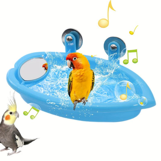 1pc Blue Plastic Bird Bath with Mirror & Perch - Durable Pet Cage Accessory for Parrots & Small Birds, Ideal Christmas Gift, Bird Bath Toys